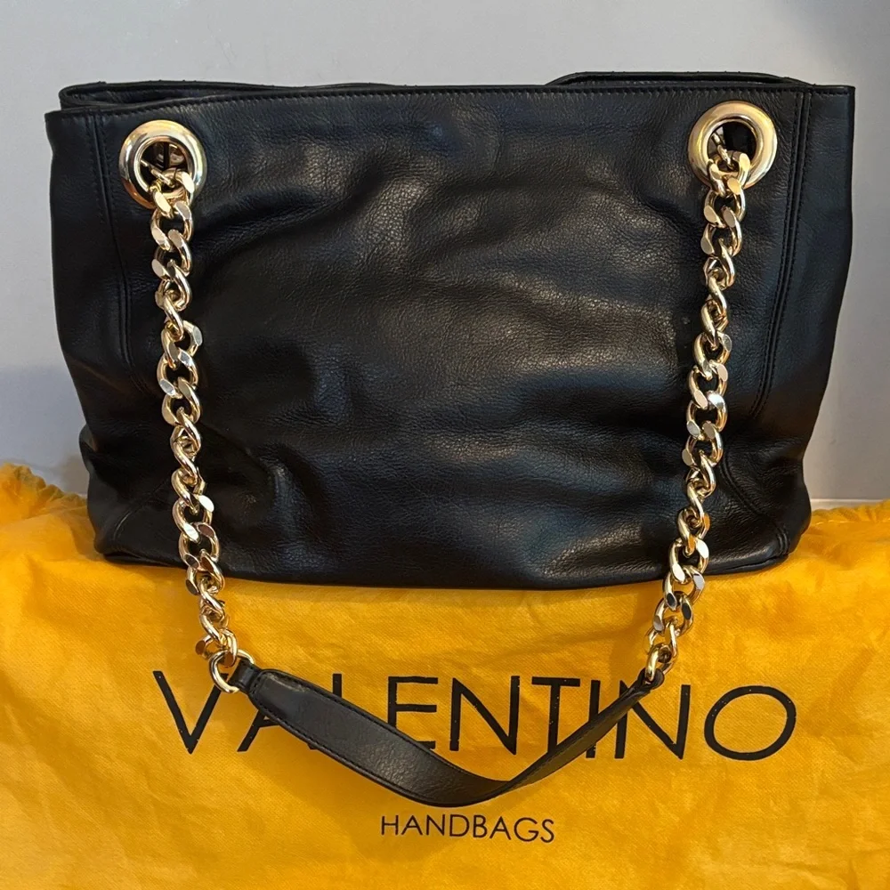 Valentino Luisa Studs Black Sauvage Leather Gold Chain Tote Shoulder Bag